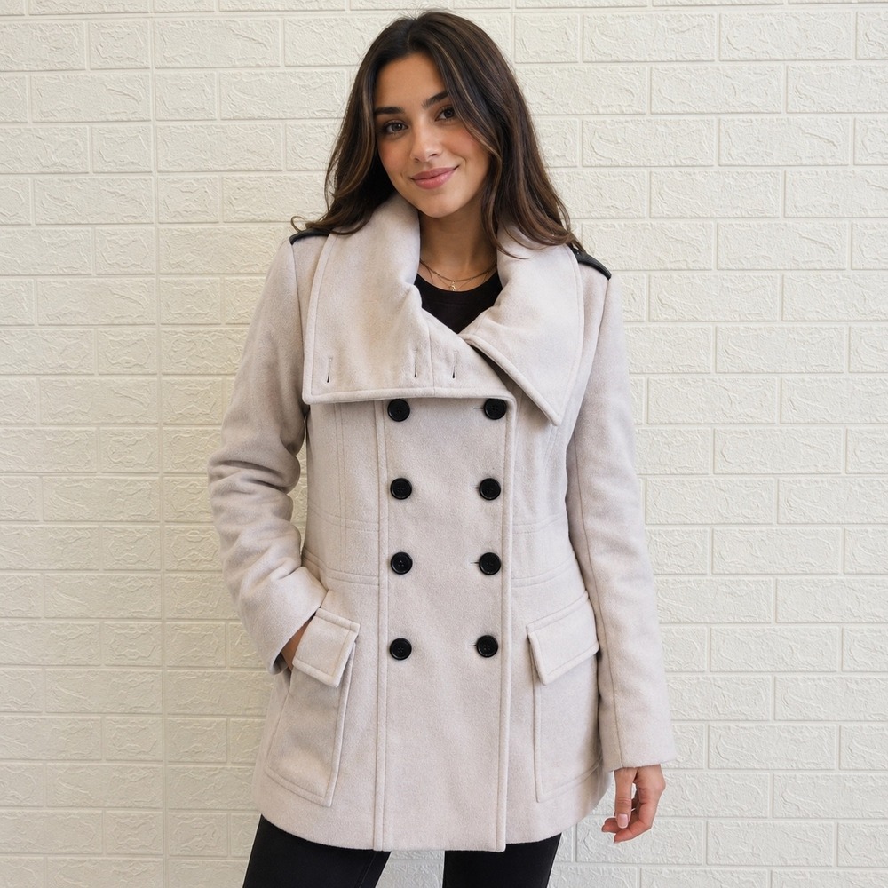 Womens Andrew Marc Hayley Double Breasted Button Front Wool Coat Cream Sz XS